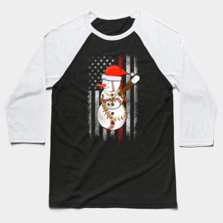 Christmas Snowman Playing Baseball with Us Flag Background Baseball T-Shirt